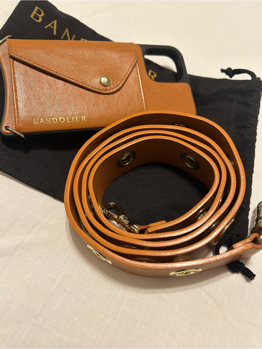 Bandolier Cognac Leather Crossbody Strap with iPhone X Case